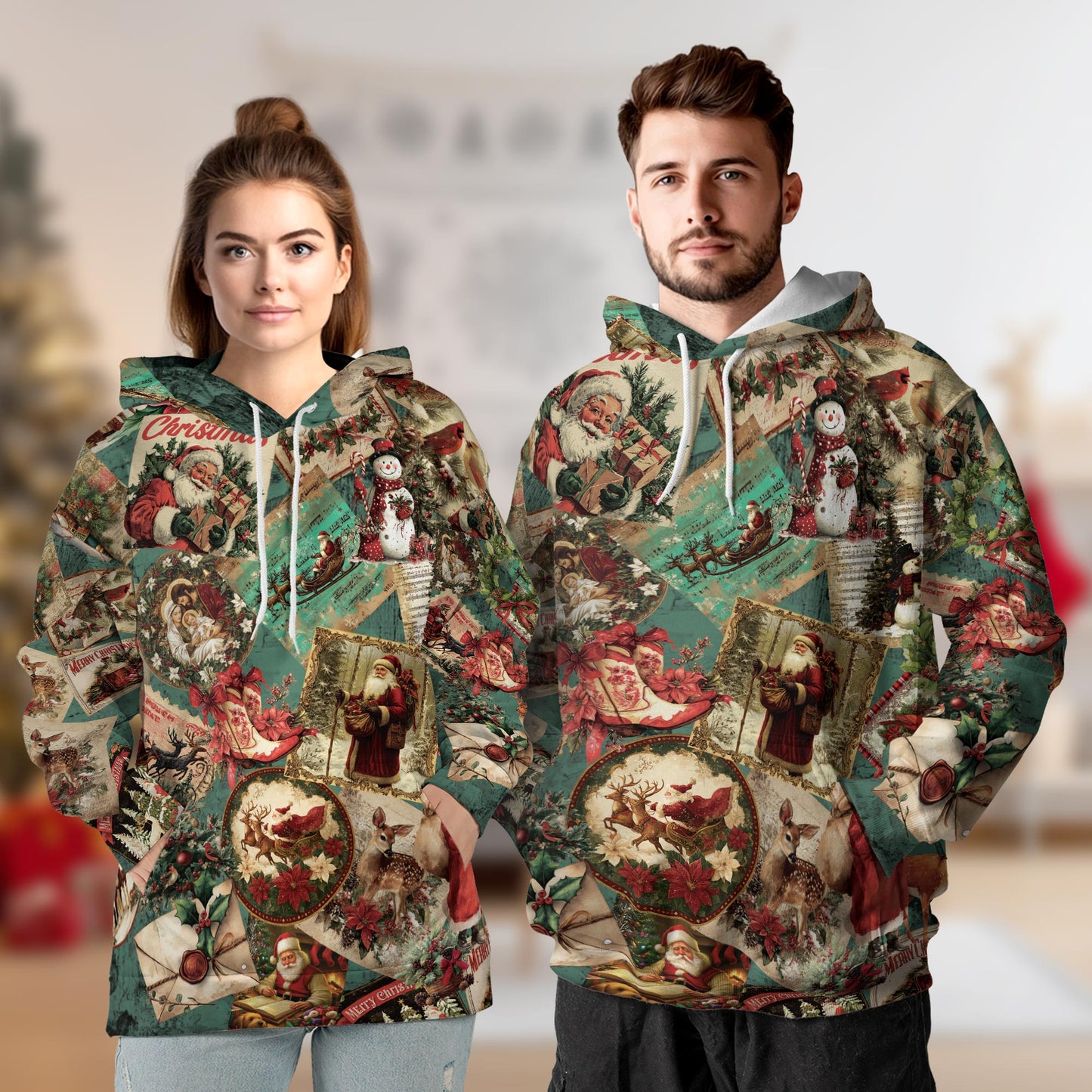 Netecom Merry Christmas Santa Claus Print Hoodie with Front Pocket, All Over Retro Holiday Graphic Sweatshirt Unisex Casual