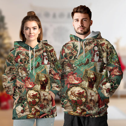 Netecom Merry Christmas Santa Claus Print Hoodie with Front Pocket, All Over Retro Holiday Graphic Sweatshirt Unisex Casual