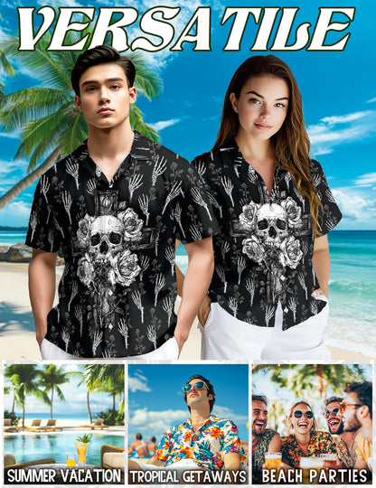 Netecom Black And White Skull Roses Hawaiian Shirt for Men, Skeleton Hand Flower Print Button Down Summer Beach Shirts