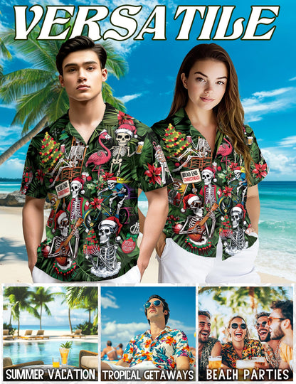 Netecom Skeleton Santa Claus Christmas Hawaiian Shirt for Men, Funny Skull Holiday Print Button Down Summer Beach Shirt, S-5XL