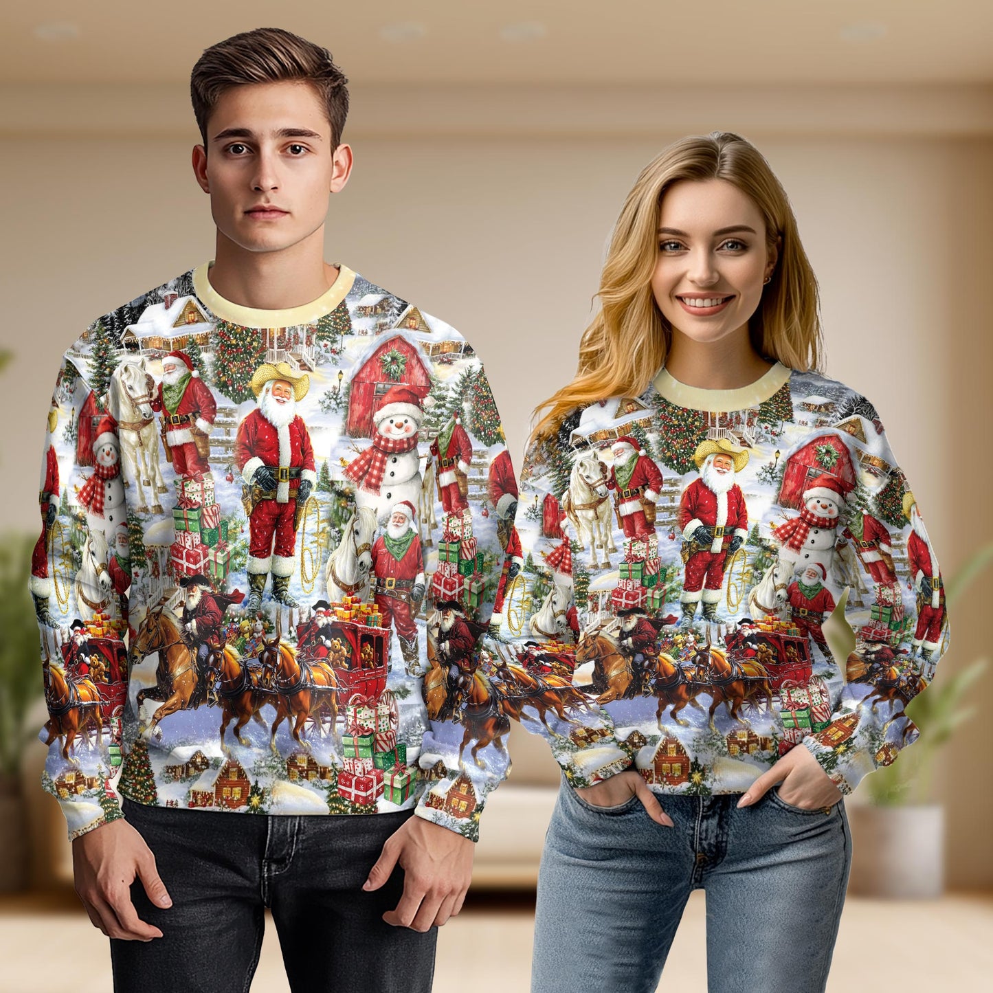 Netecom Retro Cowboy Santa Christmas Sweatshirt 3D All Over Print – Unisex Crewneck Pullover, Lightweight Fleece Casual Outfit