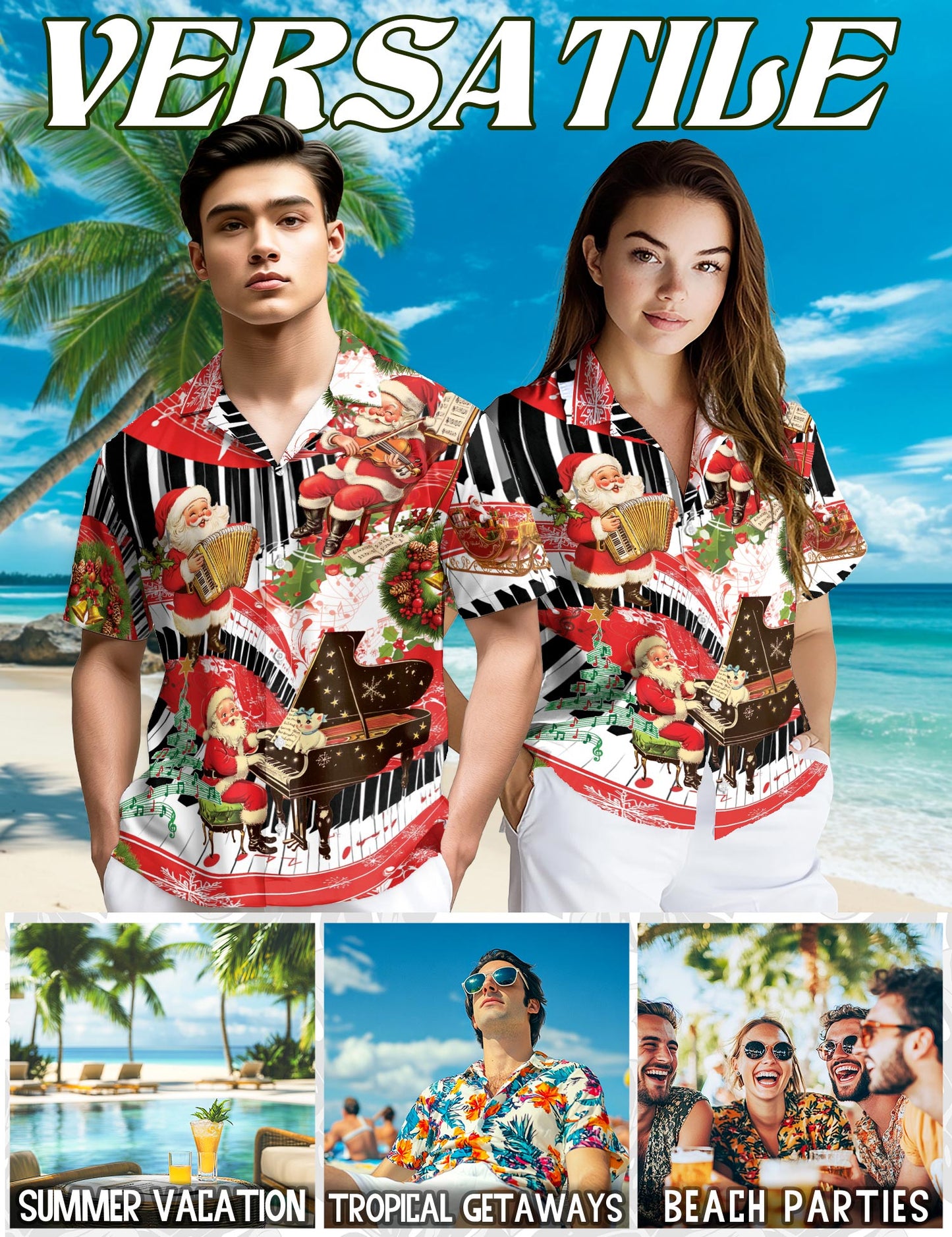 Netecom Santa Claus Playing Musical Instruments Hawaiian Shirt, Christmas Music Theme Button Down Short Sleeve Shirt, S-5XL