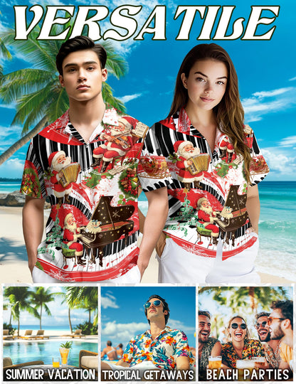 Netecom Santa Claus Playing Musical Instruments Hawaiian Shirt, Christmas Music Theme Button Down Short Sleeve Shirt, S-5XL