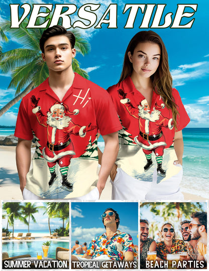 Netecom Vintage Ice Skating Santa Hawaiian Shirt for Men, Retro Old Fashion Christmas Button Down Summer Beach Shirt, S-5XL