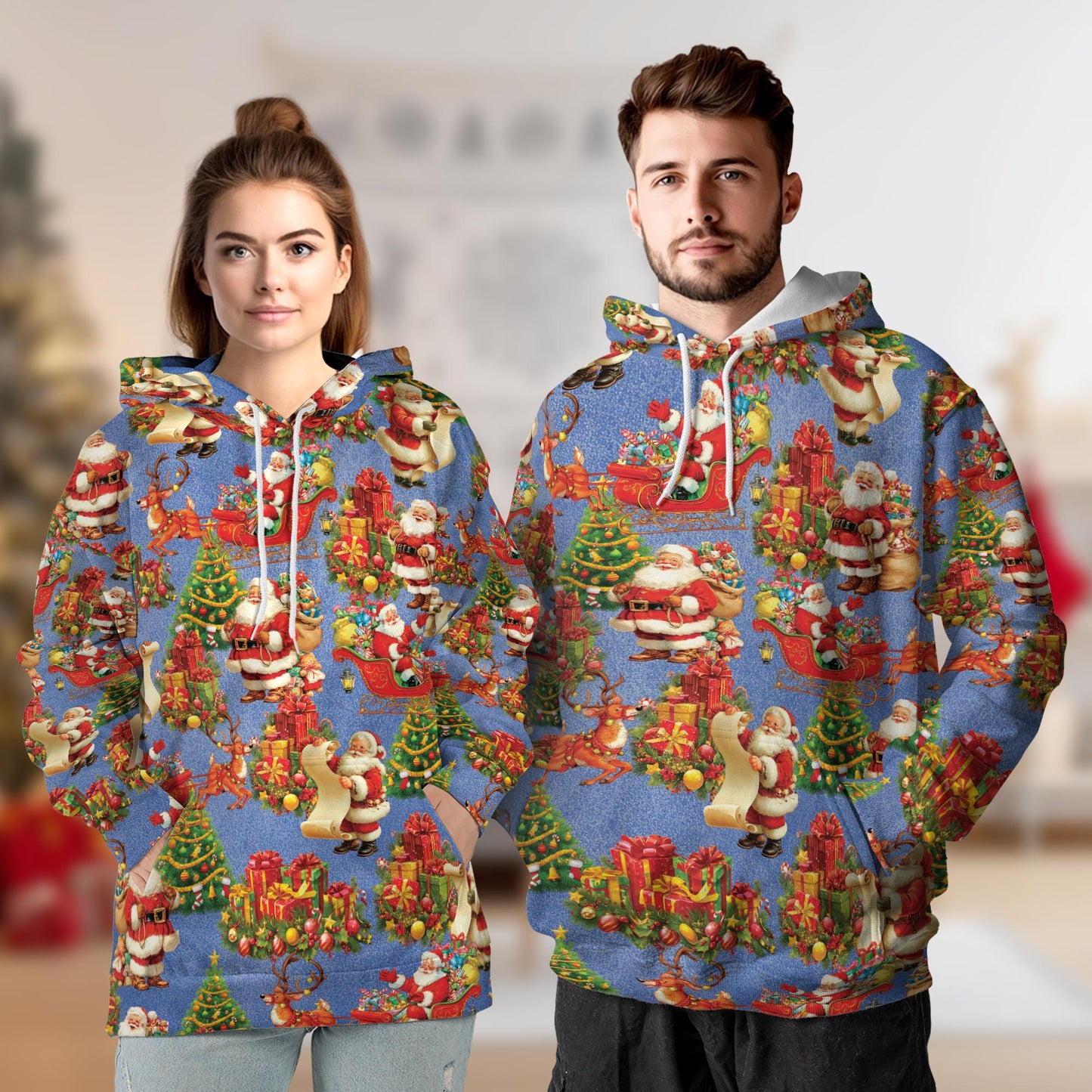 Netecom Santa Claus Christmas Night Print Hoodie with Front Pocket, All Over Vintage Xmas Graphic Sweatshirt Unisex Casual