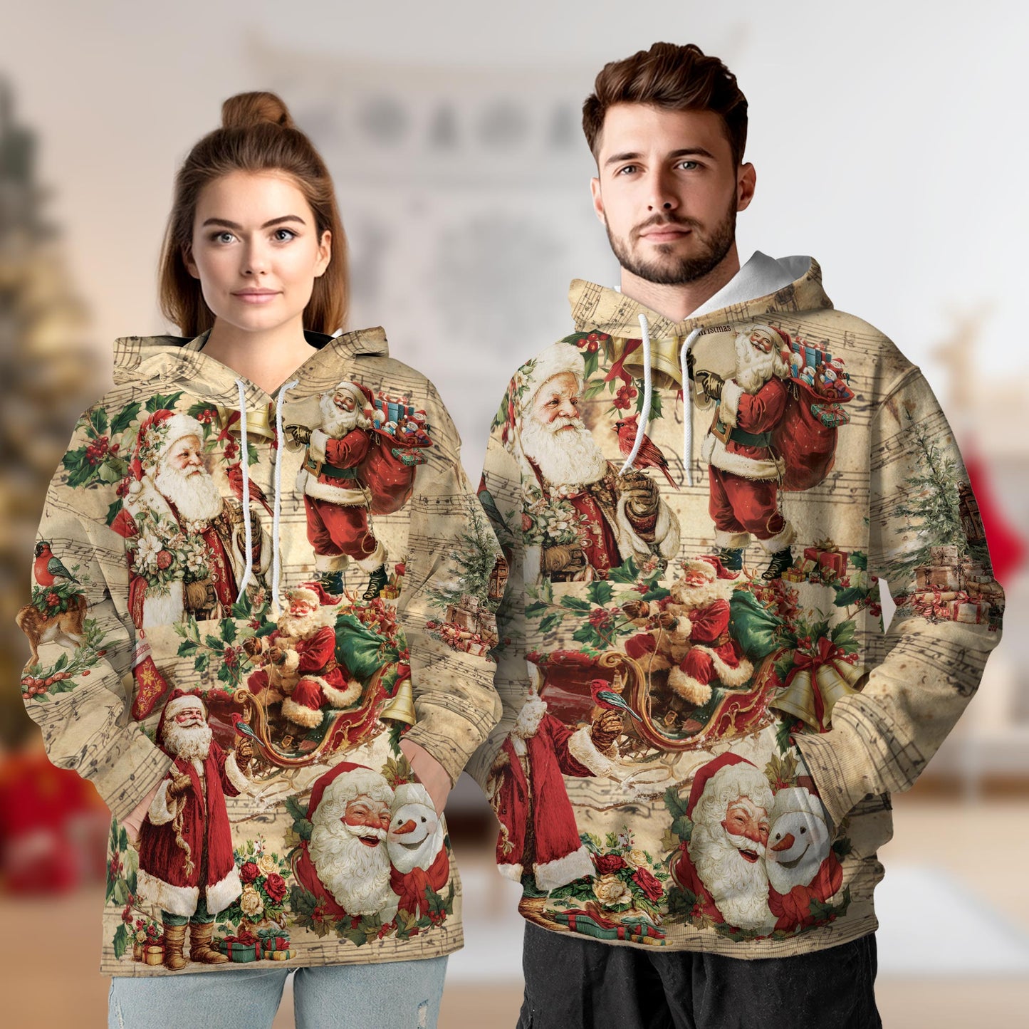 Netecom Vintage Santa Claus Christmas Print Hoodie with Front Pocket, All Over Musical Graphic Sweatshirt Unisex Casual
