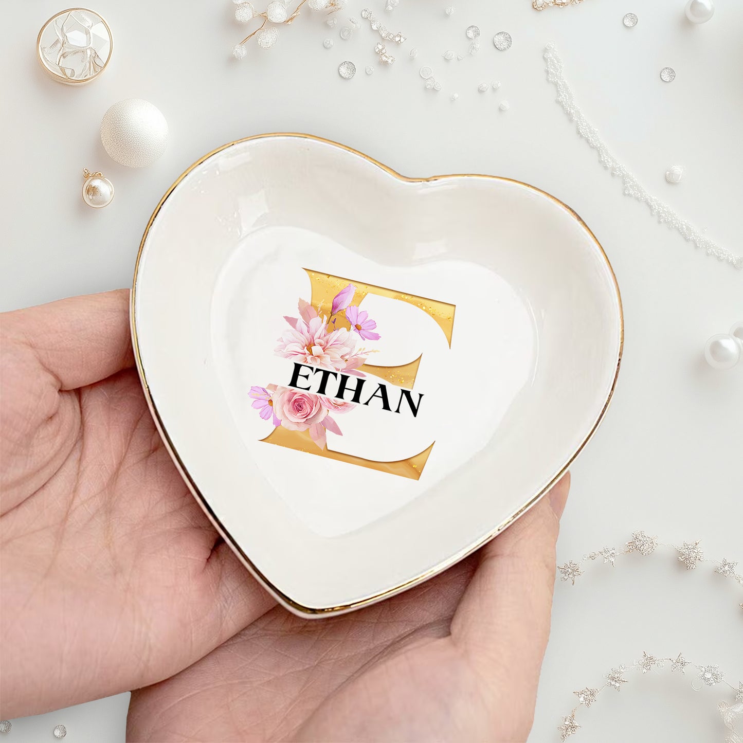 Netecom Customizable Jewelry Tray with Initials and Floral Design, Personalized Ceramic Tray for Home Decor or Family Gifts