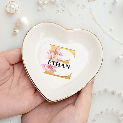 Netecom Customizable Jewelry Tray with Initials and Floral Design, Personalized Ceramic Tray for Home Decor or Family Gifts