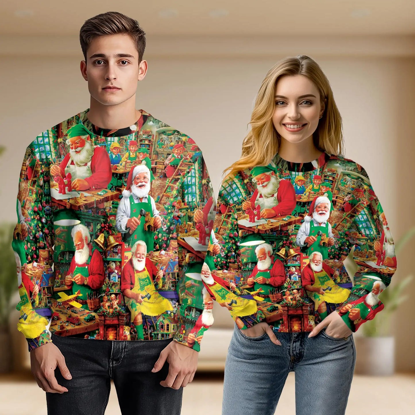 Vintage Santa Claus Factory Sweatshirt, 3D All Over Print Retro Christmas Workshop Crewneck Pullover for Men Women, Santa Lover Gift - Netecom