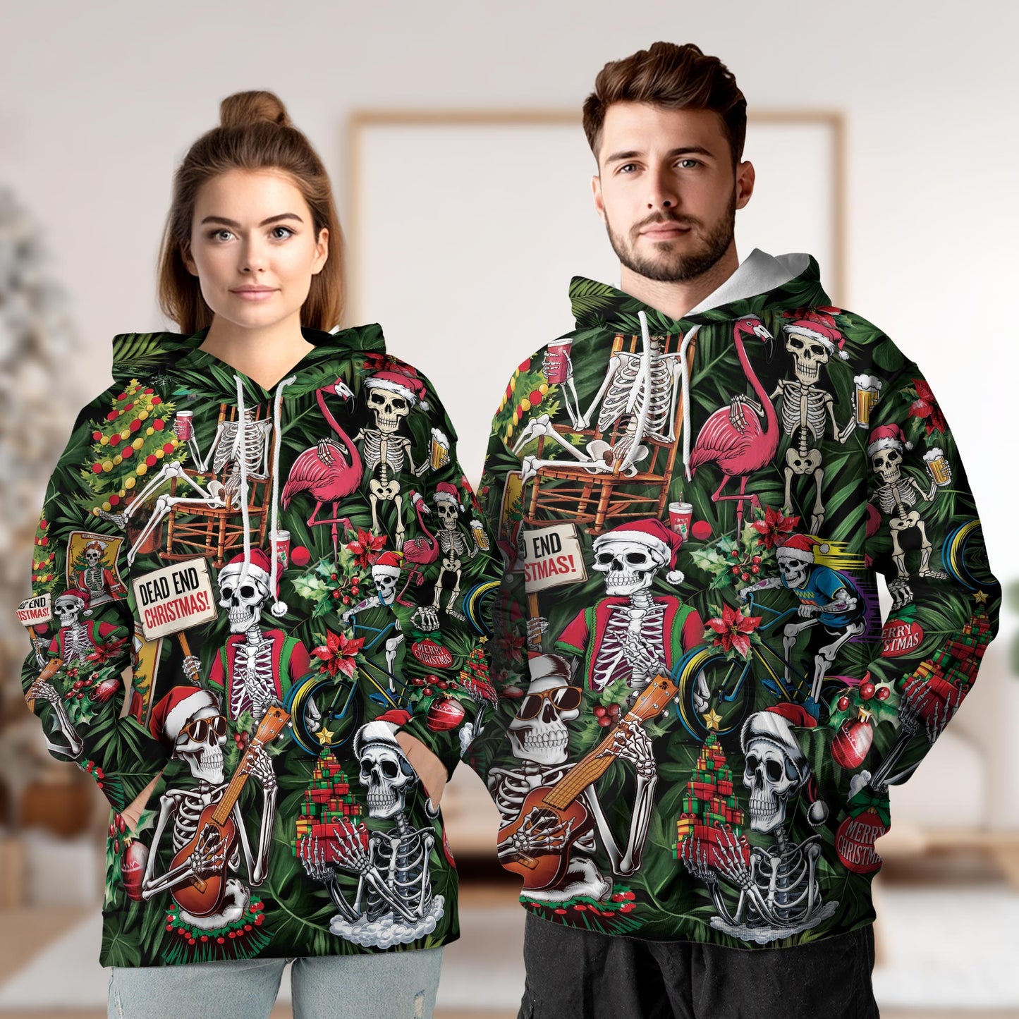 Netecom Skeleton Santa Claus Christmas 3D Hoodie with Front Pocket, Unisex Casual All Over Skull Graphic Sweatshirt