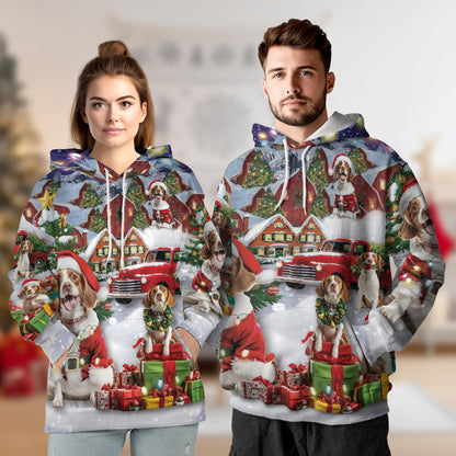 Netecom Brittany Spaniel Christmas Print Hoodie with Front Pocket, All Over Festive Dog Graphic Sweatshirt Unisex Casual