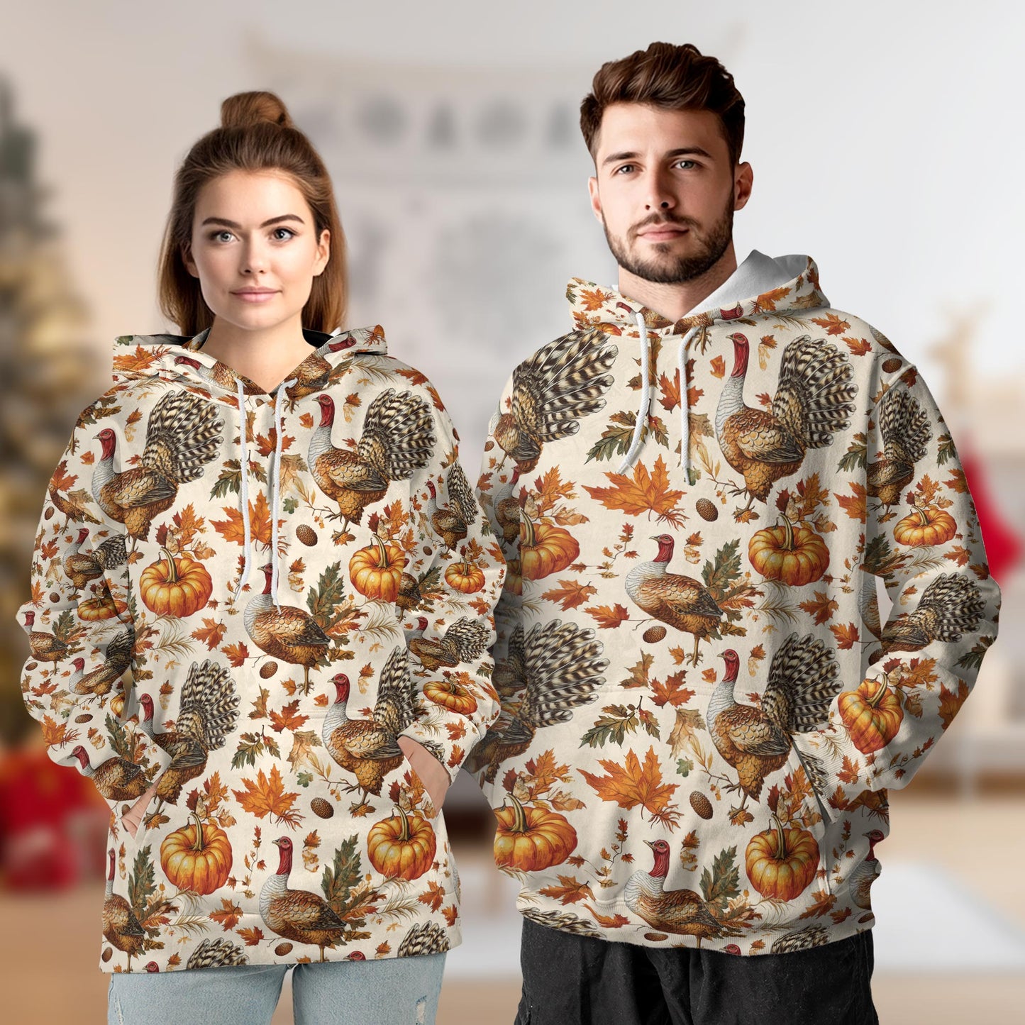 Netecom Thanksgiving Turkey Sun Print Hoodie with Front Pocket, All Over Happy Turkey Day Graphic Sweatshirt Unisex Casual