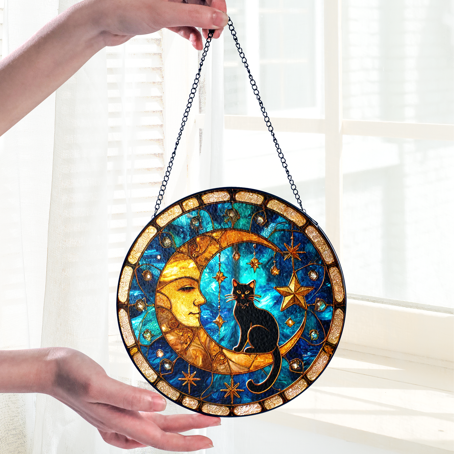 Netecom Black Cat on Moon Stained Glass Suncatcher , Celestial Witchy Window Decor , Unique Gift for Cat Lovers & Mystical Home Accent