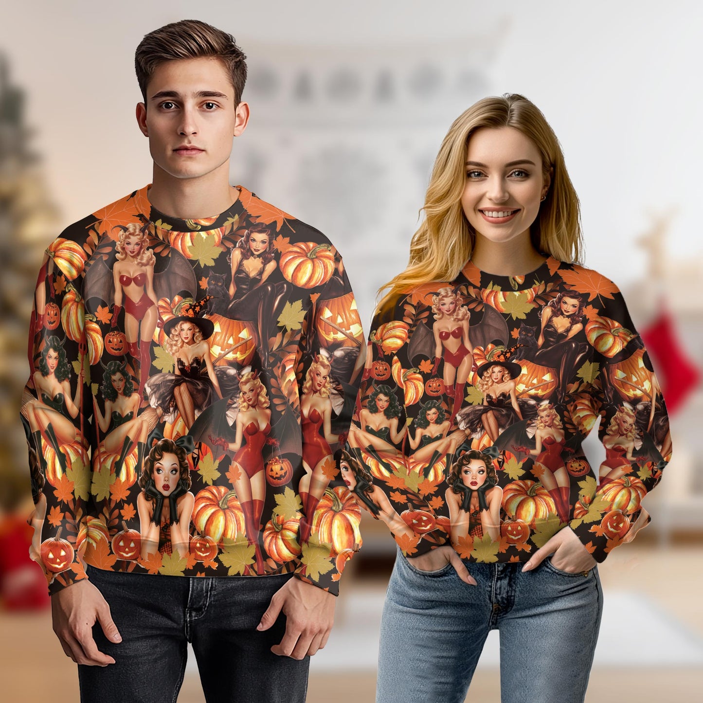 Netecom Halloween Pin Up Girl Pumpkin Sweatshirt 3D All Over Print, Retro Spooky Outfit, Crewneck Pullover for Costume Party