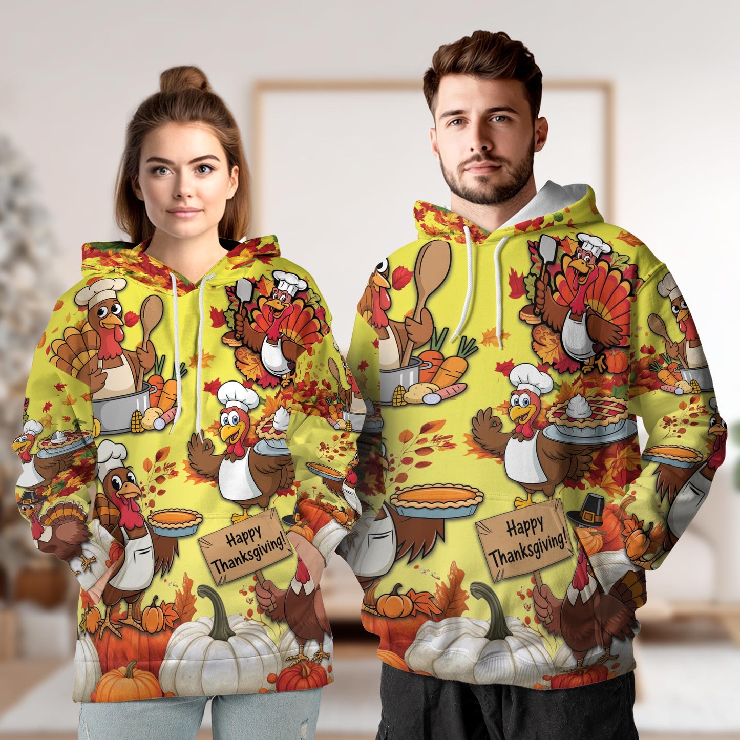 Netecom Happy Thanksgiving 3D Hoodie with Front Pocket, Unisex Casual All Over Fall Leaves Pumpkin Graphic Sweatshirt