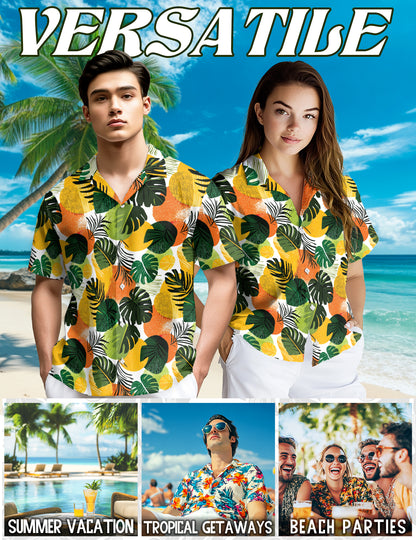 Netecom Tropical Leaf Pattern Hawaiian Shirt for Men, Abstract Jungle Botanical Print Button Down Shirt