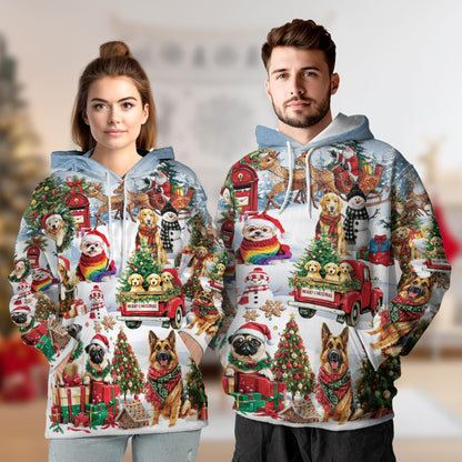 Netecom Christmas Dogs Print Hoodie with Front Pocket, All Over Cute Pet Holiday Graphic Sweatshirt Unisex Casual