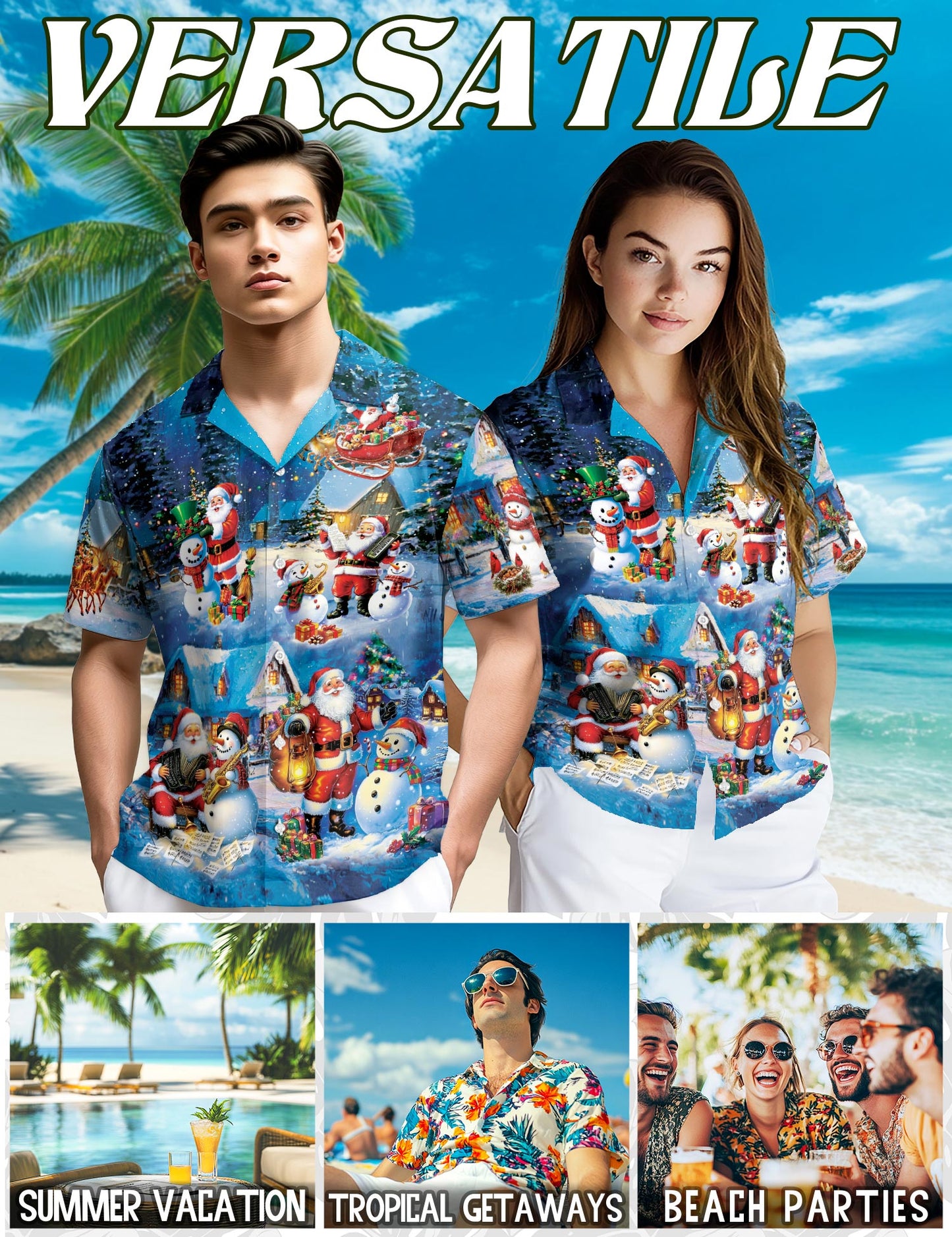 Netecom Funny Santa and Snowman Hawaiian Shirt, Musical Christmas Village Gift Button Down Short Sleeve Shirt, S-5XL