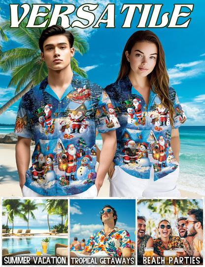 Netecom Funny Santa and Snowman Hawaiian Shirt, Musical Christmas Village Gift Button Down Short Sleeve Shirt, S-5XL