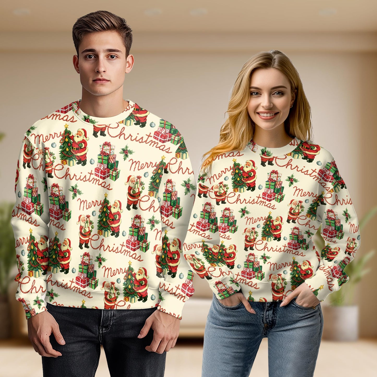 Netecom Retro Merry Christmas Santa Sweatshirt 3D All Over Print – Unisex Crewneck Pullover, Lightweight Fleece Casual Outfit