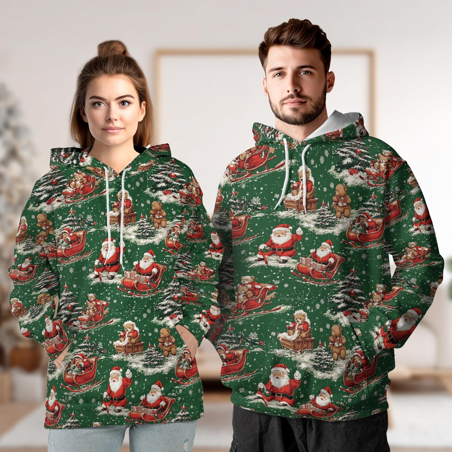 Netecom Funny Santa Sleigh Christmas 3D Hoodie with Front Pocket, Unisex Casual All Over Xmas Graphic Sweatshirt