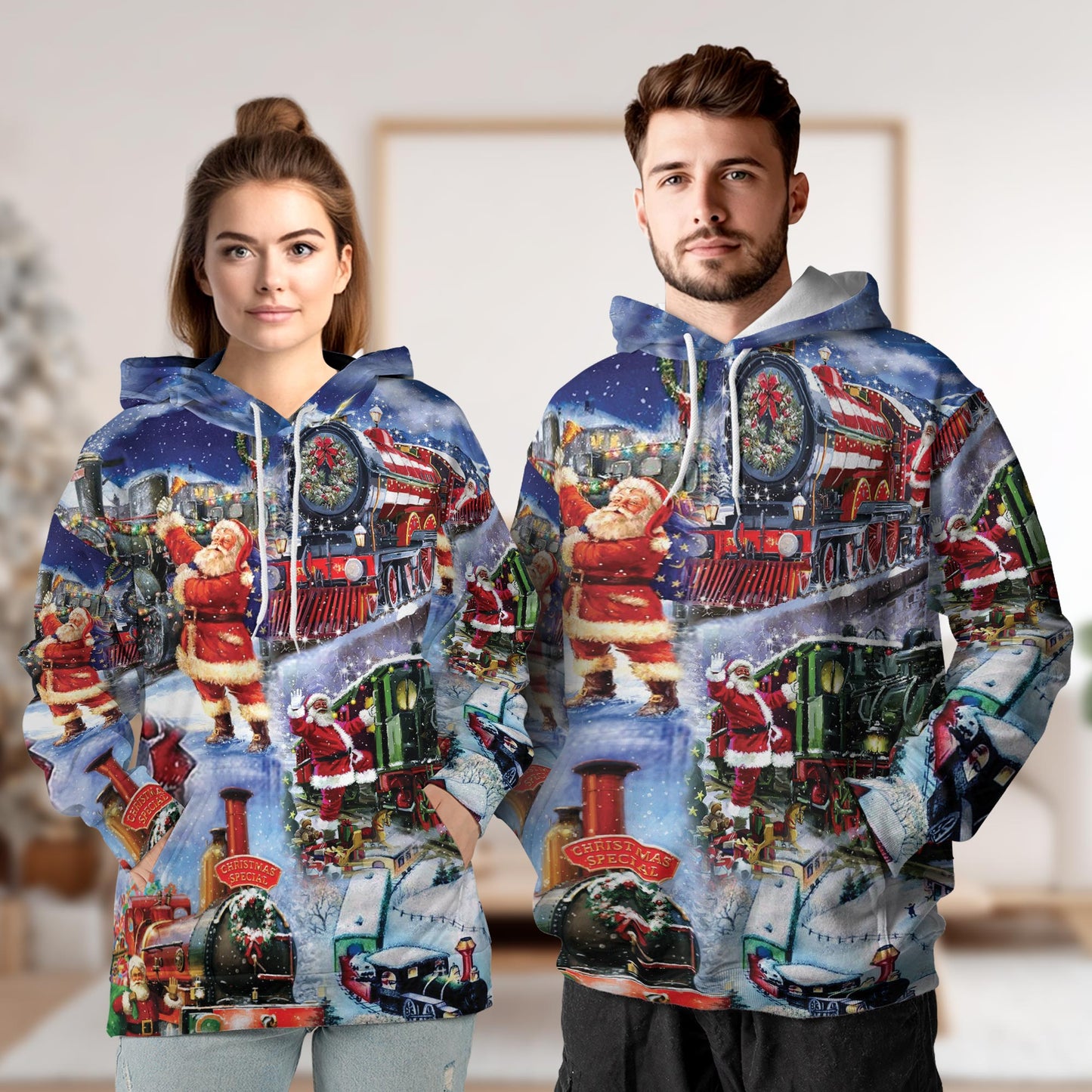 Netecom Santa Claus Christmas Train 3D Hoodie with Front Pocket, Unisex Casual All Over Graphic Sweatshirt