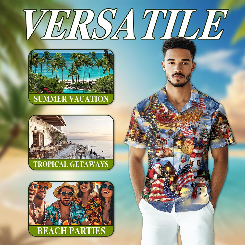 Netecom Patriotic Santa Claus Christmas Hawaiian Shirt for Men, USA Flag Holiday Print Button Down Summer Beach Shirt, S-5XL