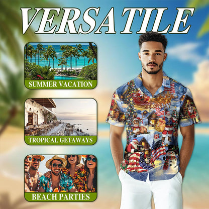 Netecom Patriotic Santa Claus Christmas Hawaiian Shirt for Men, USA Flag Holiday Print Button Down Summer Beach Shirt, S-5XL