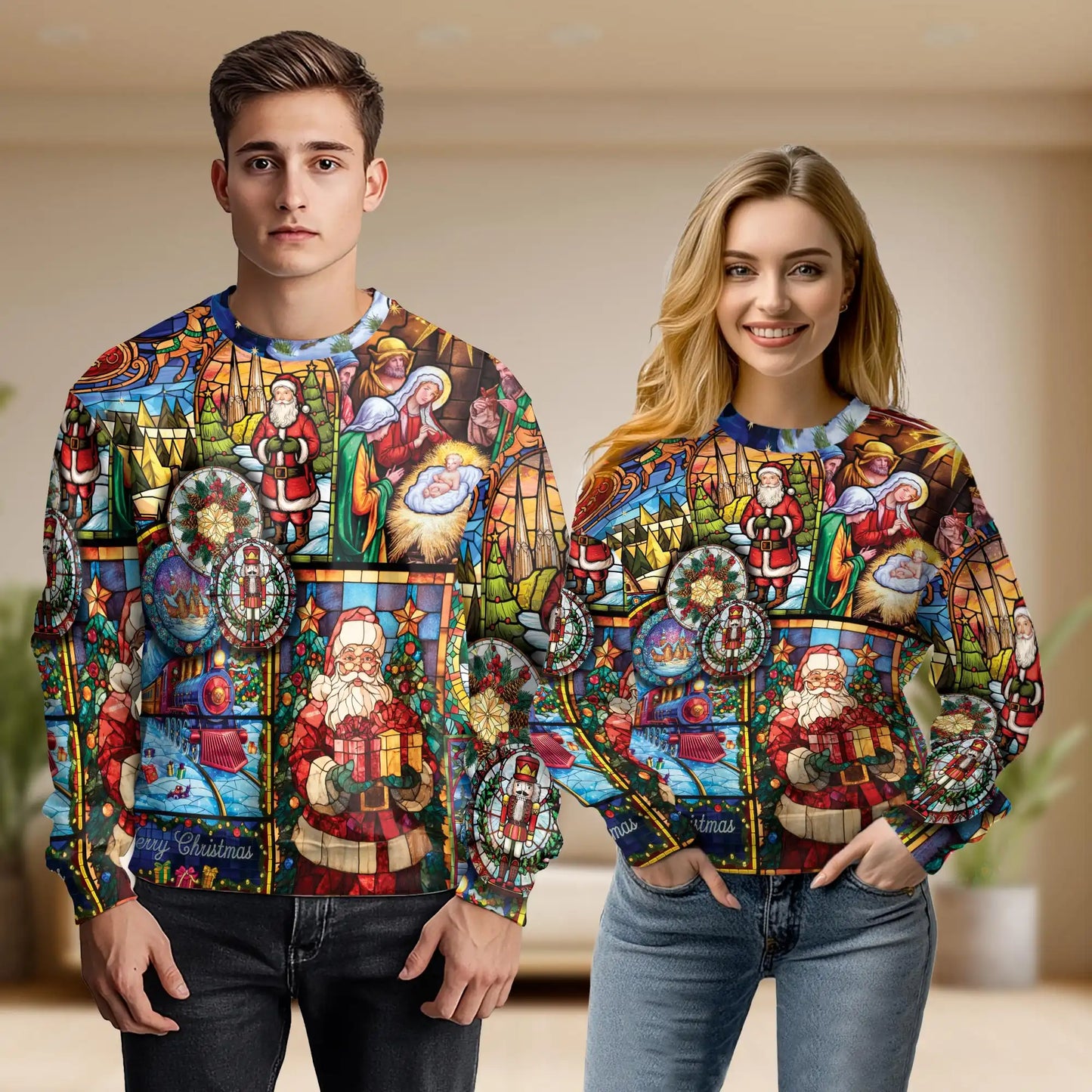 Christmas Stained Glass Sweatshirt, 3D All Over Print Holiday Religious Art Crewneck Pullover for Men Women, Christmas Gift - Netecom