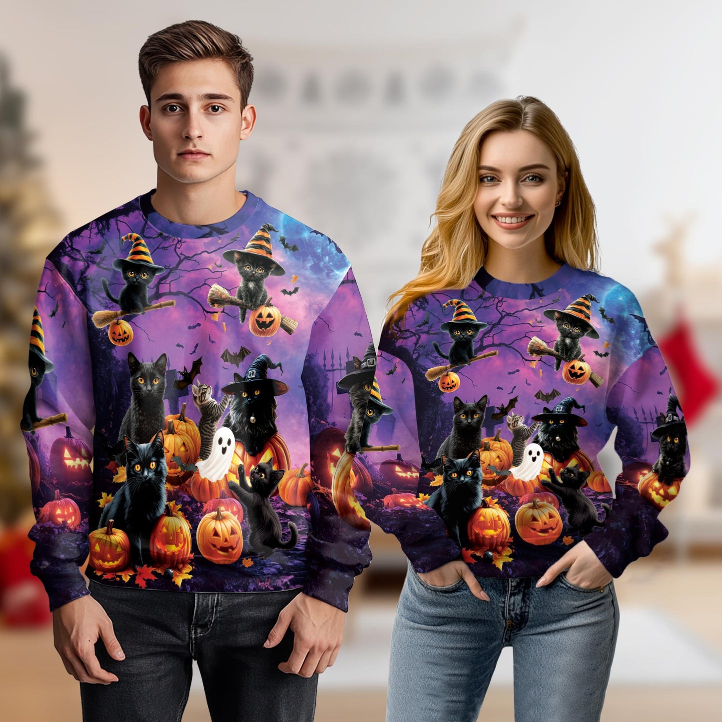 Netecom Halloween Black Cat Pumpkin Sweatshirt 3D All Over Print, Witchy Spooky Outfit, Crewneck Pullover for Costume Party