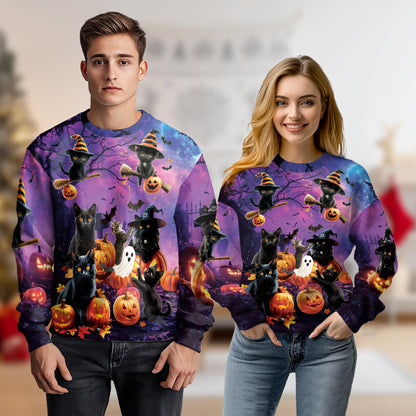 Netecom Halloween Black Cat Pumpkin Sweatshirt 3D All Over Print, Witchy Spooky Outfit, Crewneck Pullover for Costume Party
