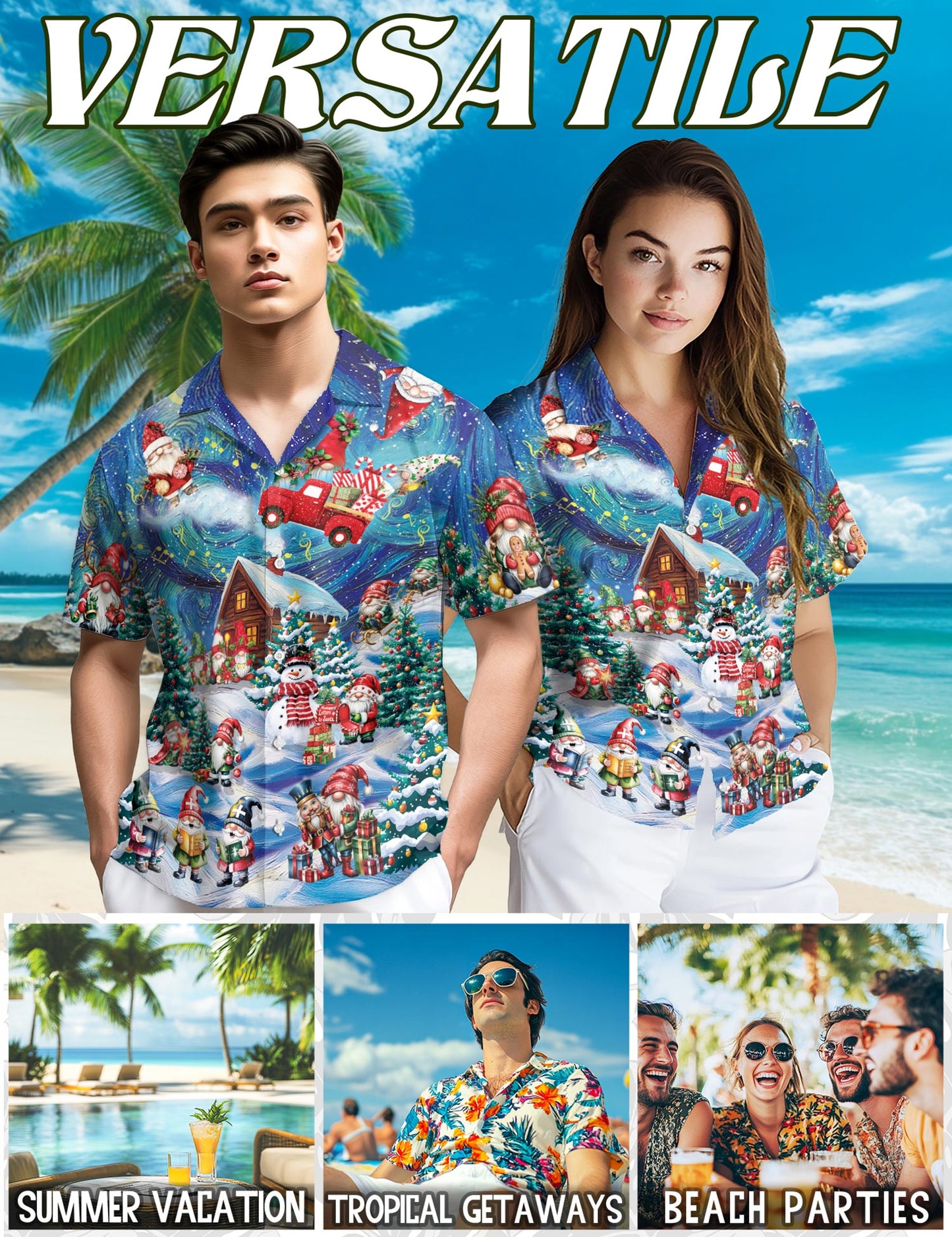 Netecom Christmas Gnome Hawaiian Shirt, Funny Santa Elf and Snowman Holiday Cabin Print Short Sleeve Button Down Shirt, S-5XL