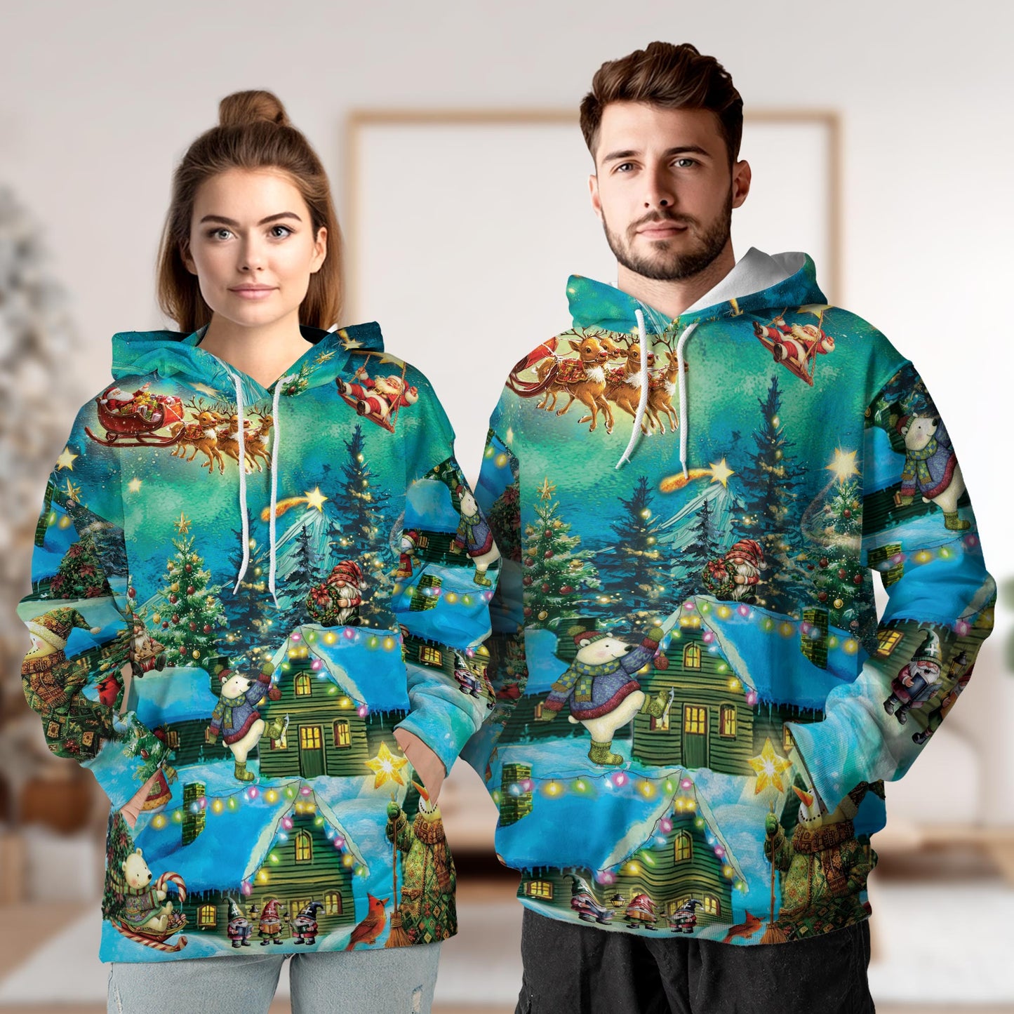 Netecom Magical Christmas Night Scene 3D Hoodie with Front Pocket, Unisex Casual All Over Santa Graphic Sweatshirt