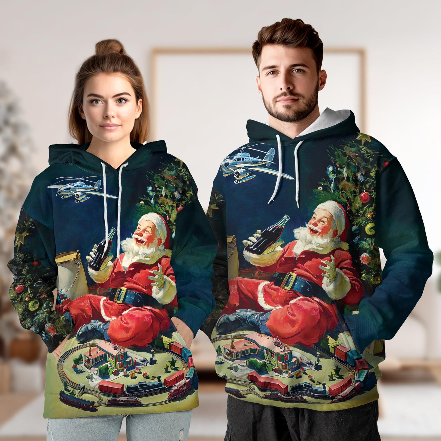 Netecom Vintage Santa Claus Christmas 3D Hoodie with Front Pocket, Unisex Casual All Over Xmas Graphic Sweatshirt