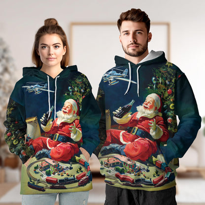 Netecom Vintage Santa Claus Christmas 3D Hoodie with Front Pocket, Unisex Casual All Over Xmas Graphic Sweatshirt