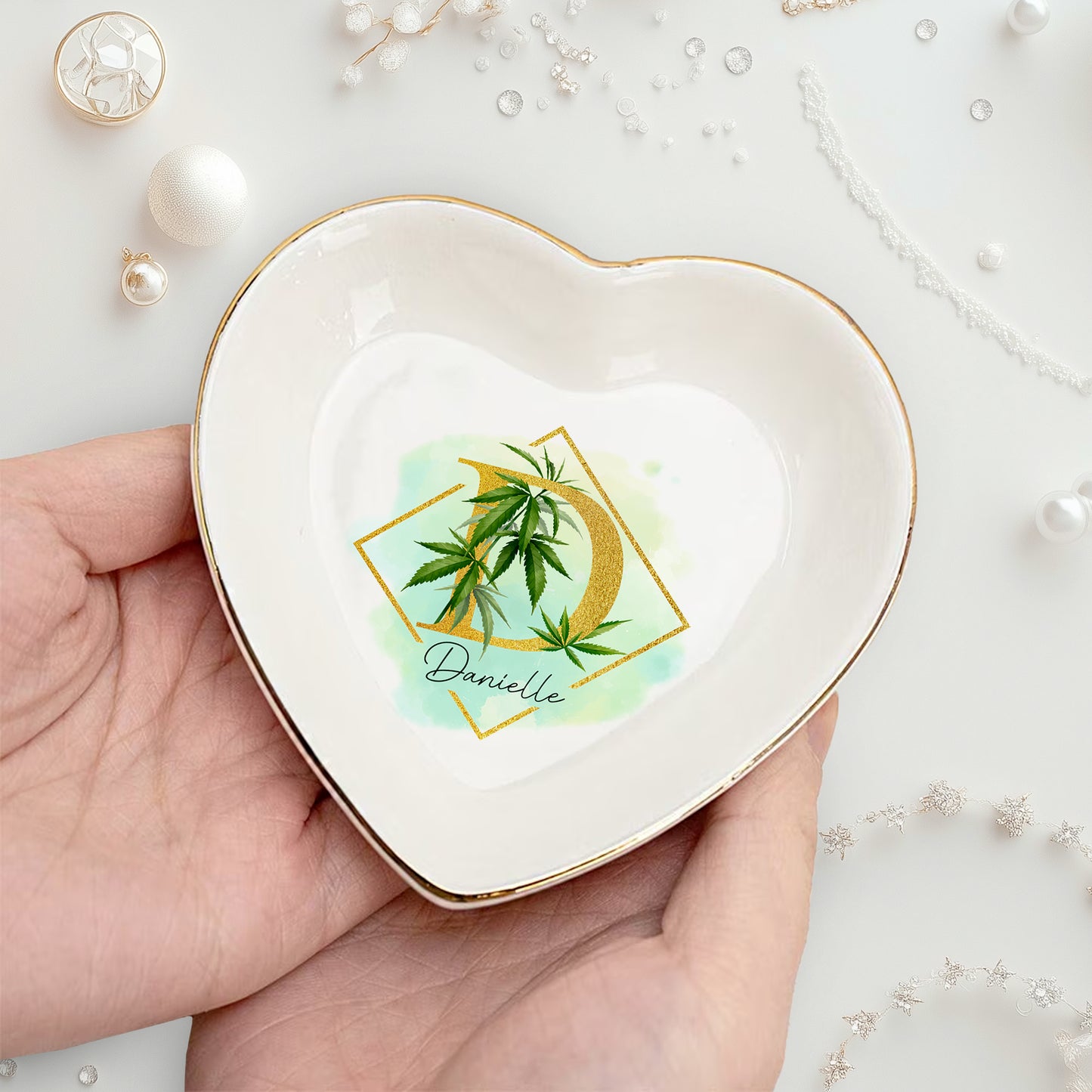 Netecom Custom Cannabis Jewelry Tray with Initials, Personalized Ceramic Tray with Gold Cannabis Design for Gifts or Home Decor