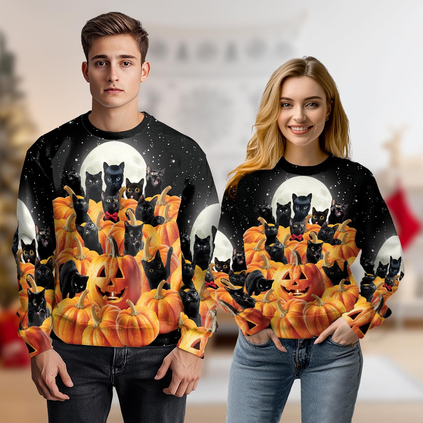Netecom Halloween Black Cat Pumpkin Sweatshirt 3D All Over Print, Full Moon Spooky Outfit, Crewneck Pullover for Costume Party
