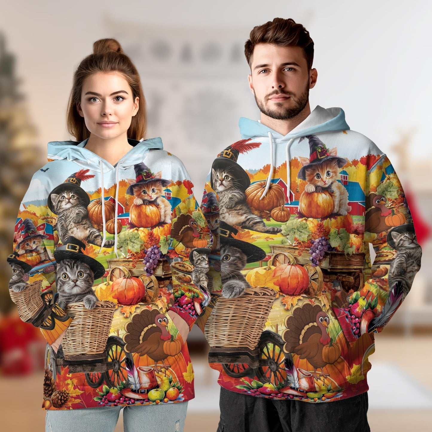 Netecom Thanksgiving Cat Print Hoodie with Front Pocket, All Over Happy Turkey Day Graphic Sweatshirt Unisex Casual