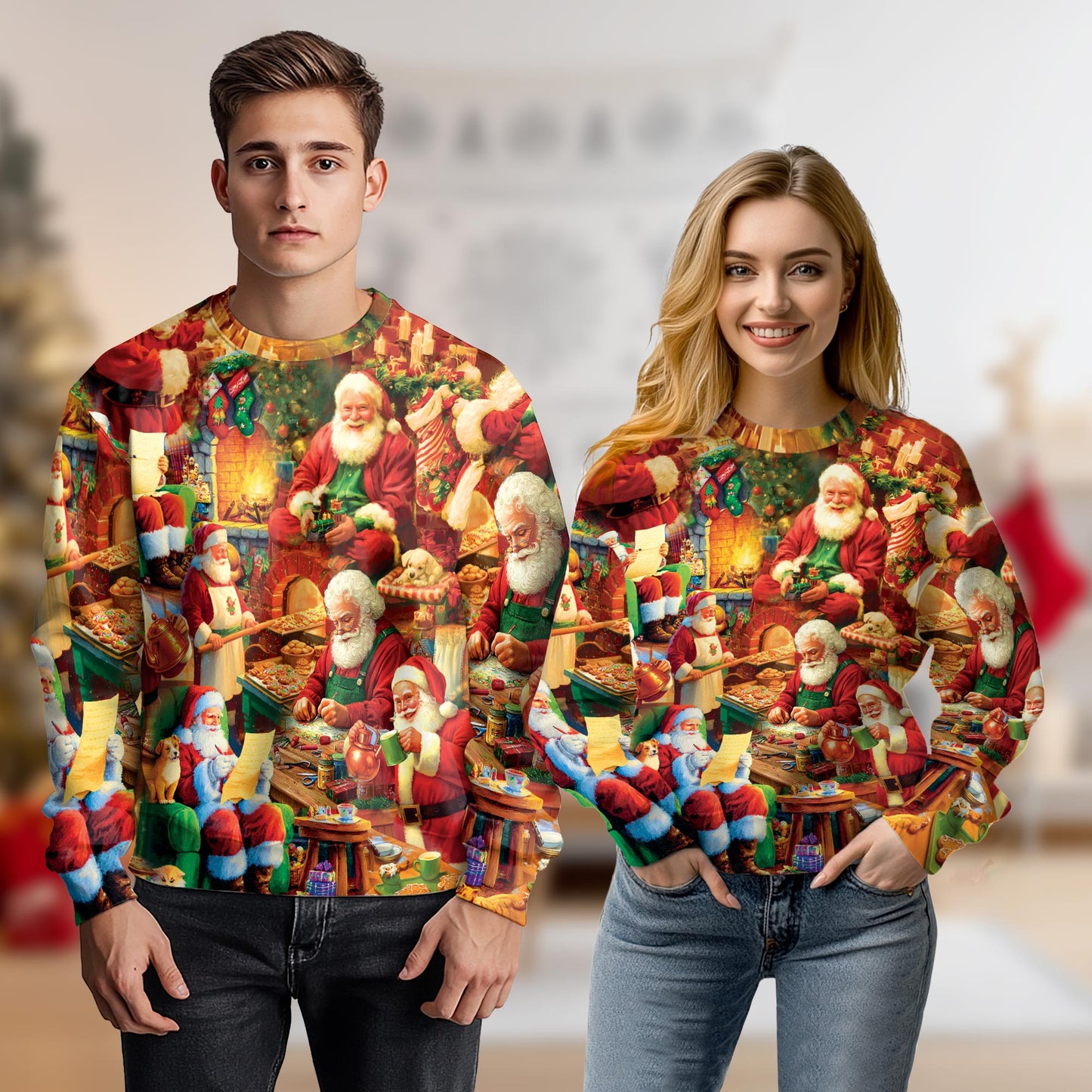 Netecom Christmas Santa Clause Sweatshirt 3D All Over Print, Holiday Fireplace Design, Crewneck Pullover for Costume Party
