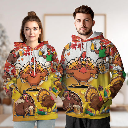 Netecom Funny Drunk Turkey Thanksgiving 3D Hoodie with Front Pocket, Unisex Casual All Over Graphic Sweatshirt