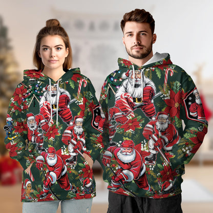 Netecom Santa Claus Hockey Print Hoodie with Front Pocket, All Over Funny Christmas Sports Graphic Sweatshirt Unisex Casual