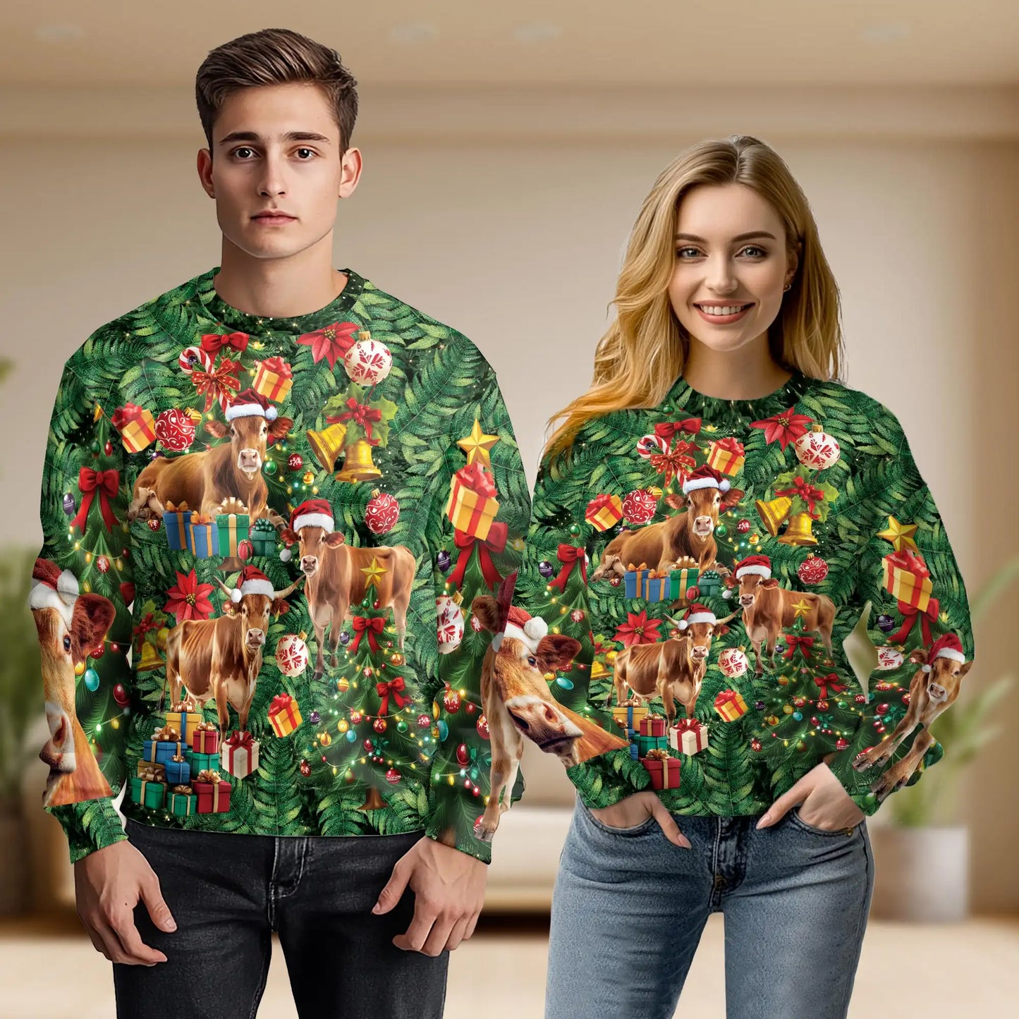 Cute Christmas Cow Sweatshirt, 3D All Over Print Holiday Farm Animal Crewneck Pullover for Men Women, Cow Lover Gift - Netecom