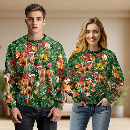 Cute Christmas Cow Sweatshirt, 3D All Over Print Holiday Farm Animal Crewneck Pullover for Men Women, Cow Lover Gift - Netecom