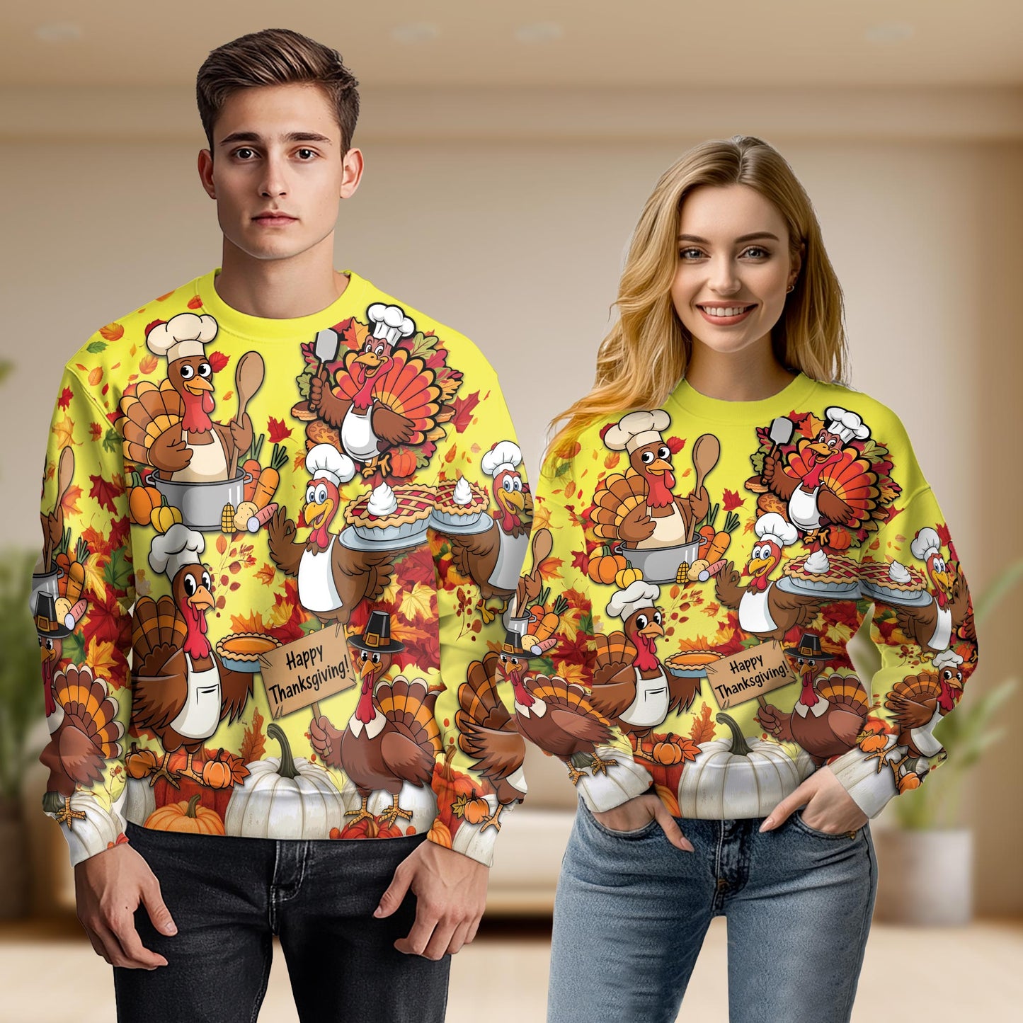 Netecom Thanksgiving Turkey Chef Sweatshirt 3D All Over Print – Unisex Crewneck Pullover, Lightweight Fleece Casual Outfit
