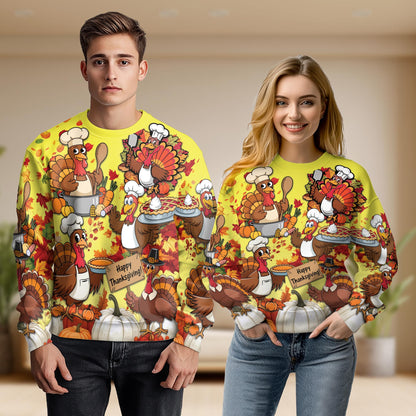 Netecom Thanksgiving Turkey Chef Sweatshirt 3D All Over Print – Unisex Crewneck Pullover, Lightweight Fleece Casual Outfit