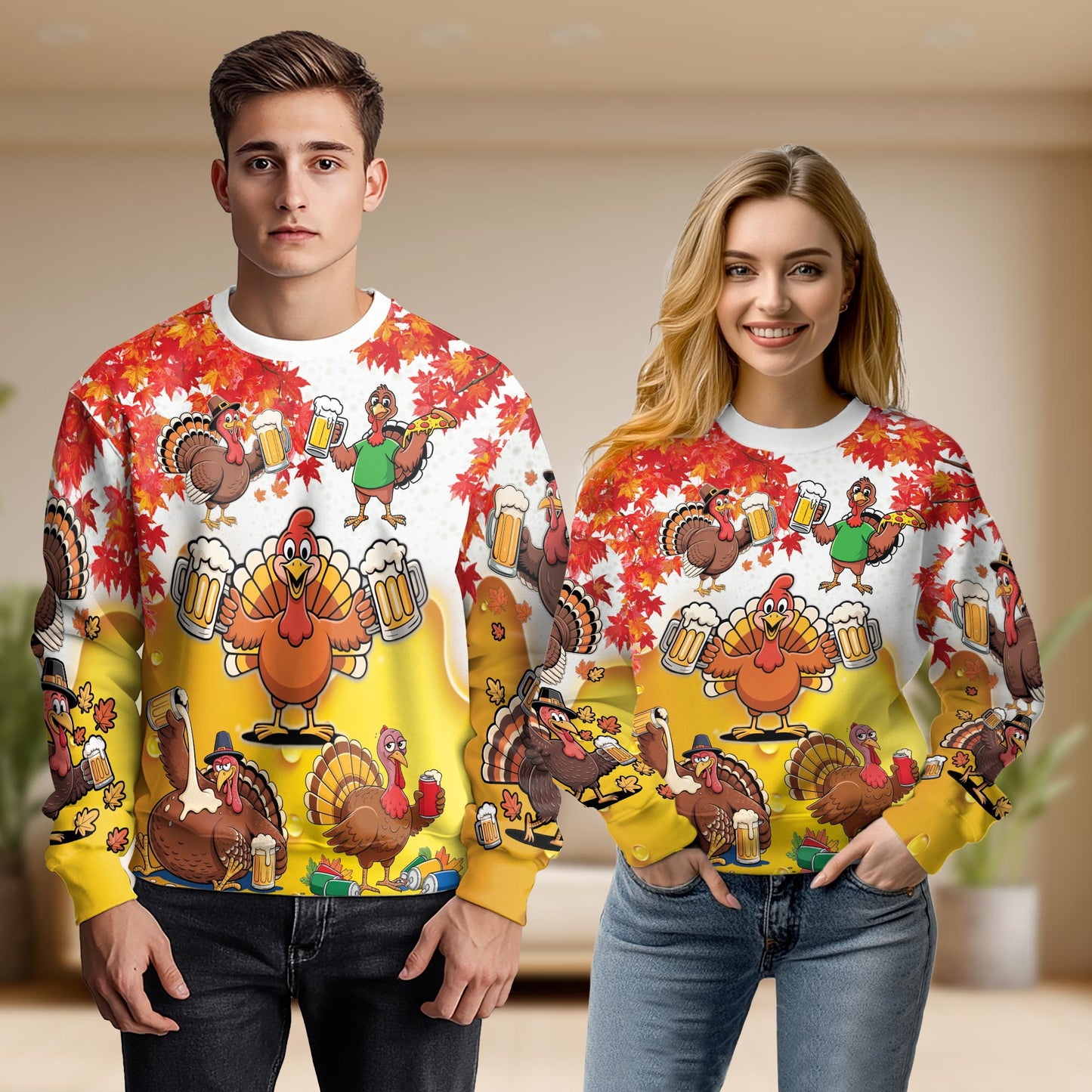 Netecom Funny Thanksgiving Turkey Beer Sweatshirt 3D All Over Print – Unisex Crewneck Pullover, Lightweight Fleece Casual Outfit