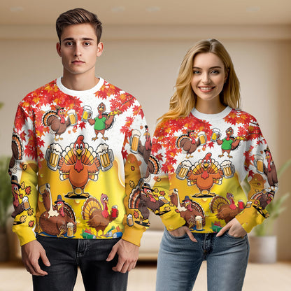 Netecom Funny Thanksgiving Turkey Beer Sweatshirt 3D All Over Print – Unisex Crewneck Pullover, Lightweight Fleece Casual Outfit