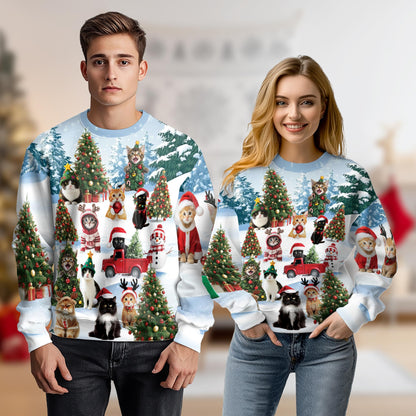 Netecom Cute Christmas Cat in Snow Sweatshirt 3D All Over Print , Winter Scenes Design, Crewneck Pullover for Costume Party