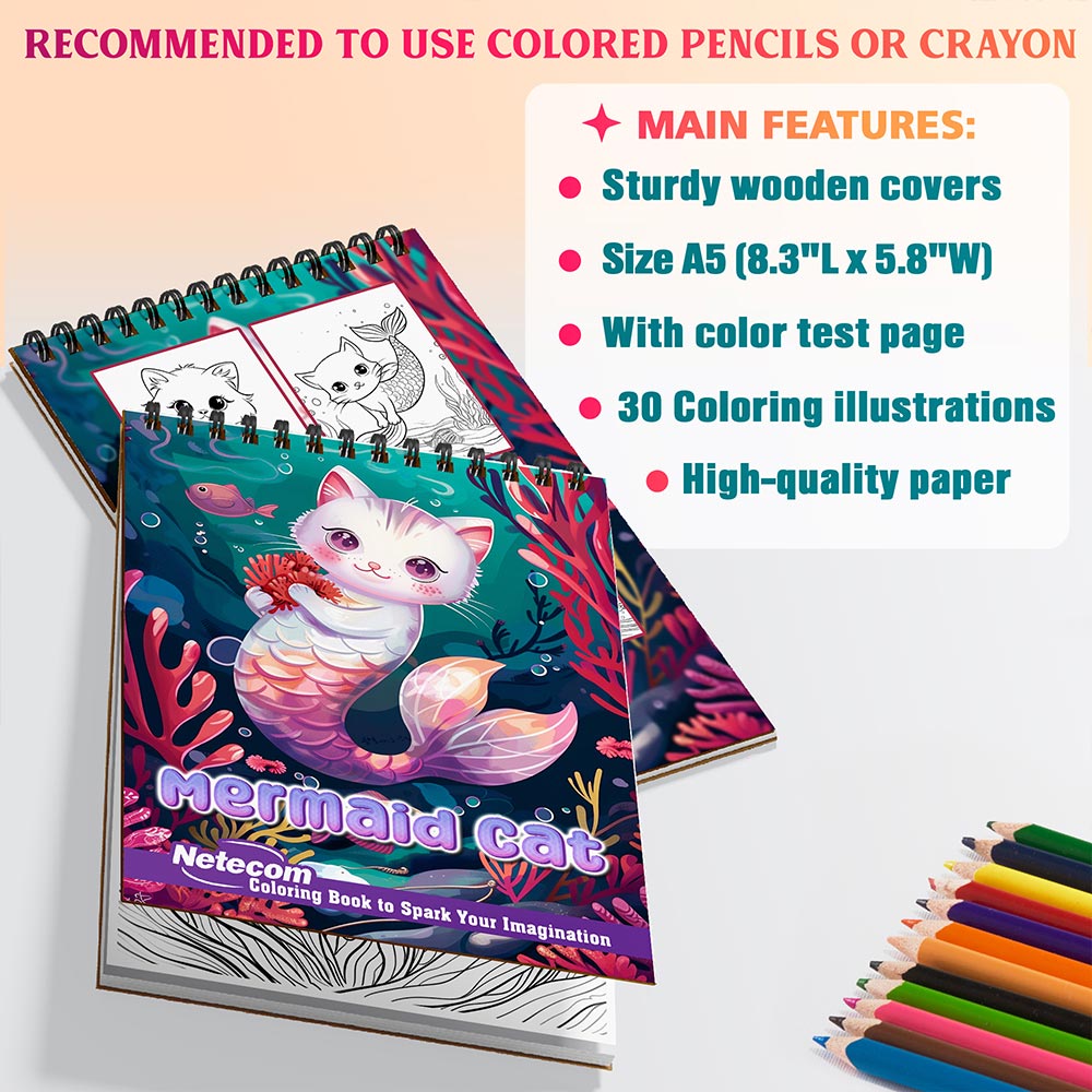 Netecom Mermaid Cat Coloring Book Spiral Bound for Adults, A5 Wooden Cover, 30 Adorable Coloring Pages of Magical Creatures for Stress Relief and Relaxation