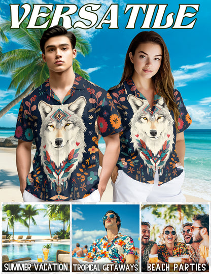 Netecom Wolf Art Hawaiian Shirt for Men, Wolf Lover Gifts, Wild Vintage Button Down Summer Beach Shirts